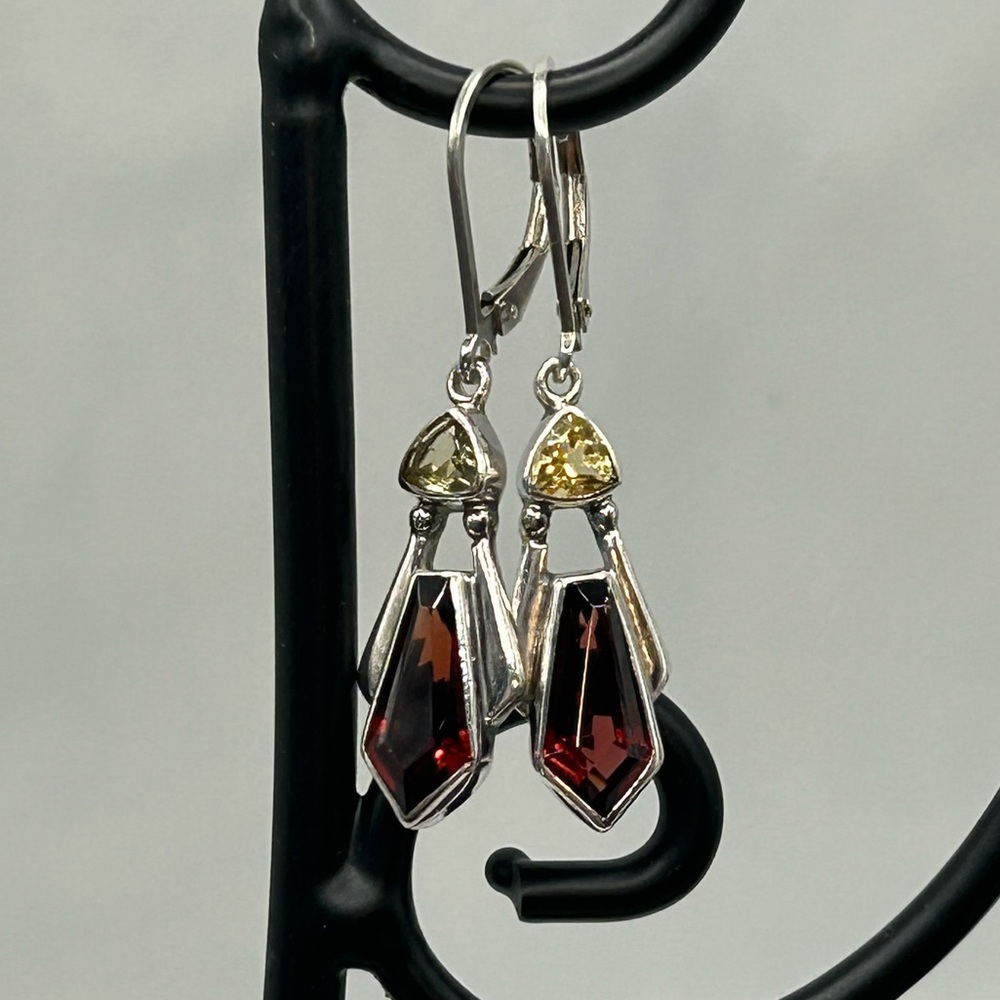 Sterling Silver Red Garnet and Citrine Drop Earrings - Picture 2 of 5